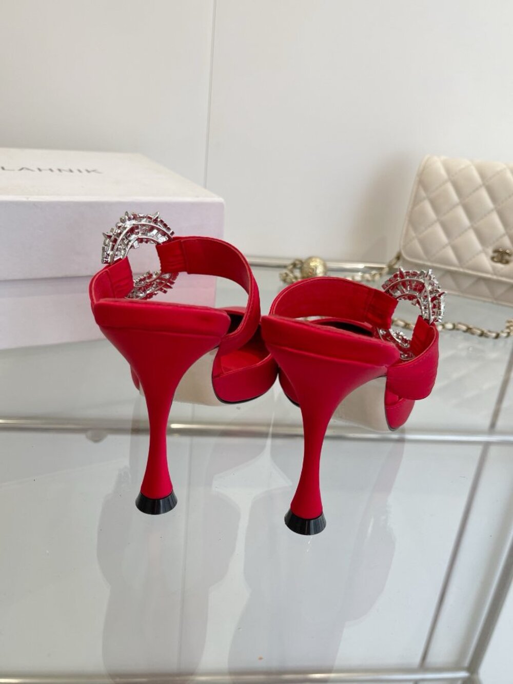 Manolo Blahnik Crystal Embellished Red Satin Pointed-Toe Mules - Picture 10 of 10